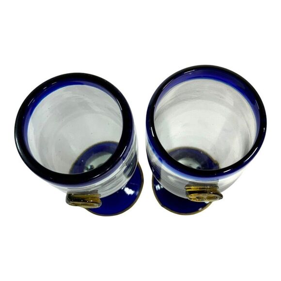Vintage Recycled Glass Mexican Blue Rim & Gold Embellished Goblet Glasses 7" - Picture 4 of 7